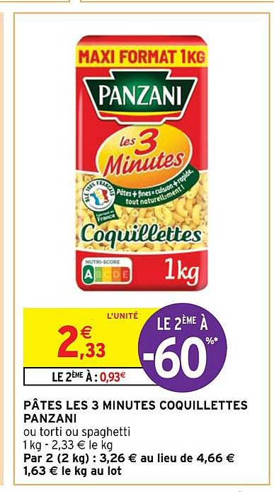 pâtes les 3 minutes coquillettes panzani le 2ème à -60%