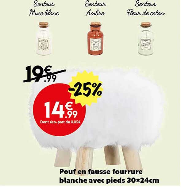 Pouf En Fausse Fourrure Blanche Avec Pieds 30 X 24 Cm