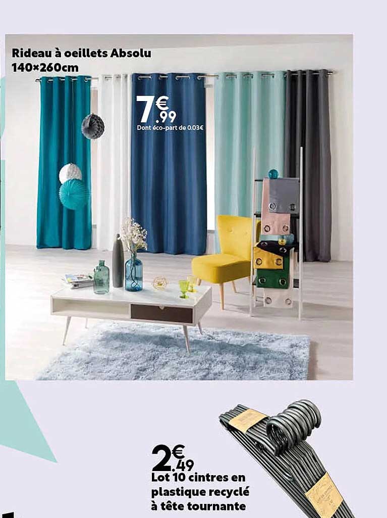 rideau à œillets absolu 140 x 260 cm, lot 10 cintres en plastique recyclé à tête tournante