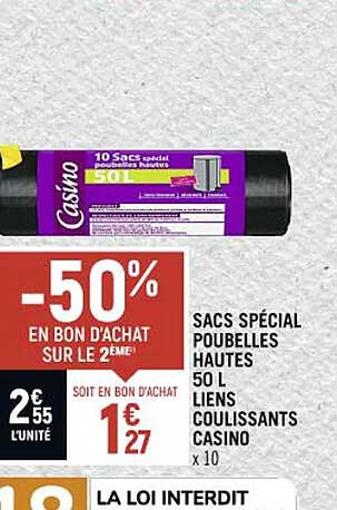 sacs spécial poubelles hautes 50 l liens coulissants casino