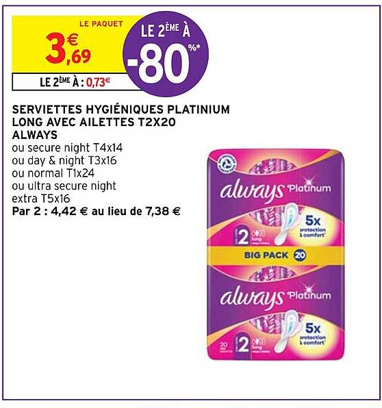 serviettes hygiéniques platinium long avec ailettes t2 x 20 always