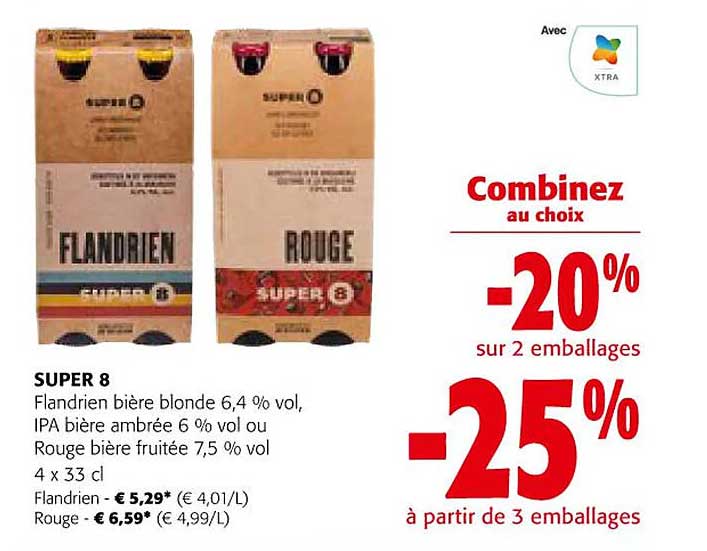 super 8 flandrien bière blonde 6.4% vol ipa bière ambrée 6 % vol ou rouge bière fruitée 7.5% vol