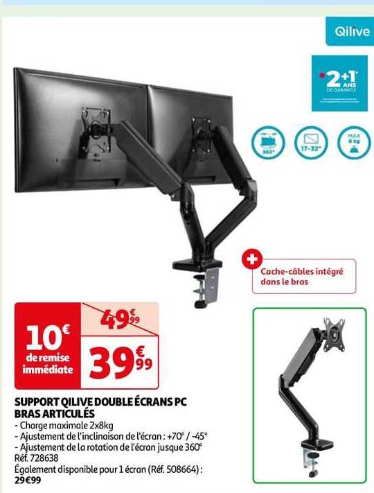 support qilive double écrans pc bras articulés