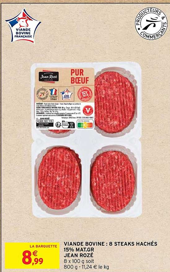 viande bovine : 8 steaks hachés 15% mat.gr jean rozé