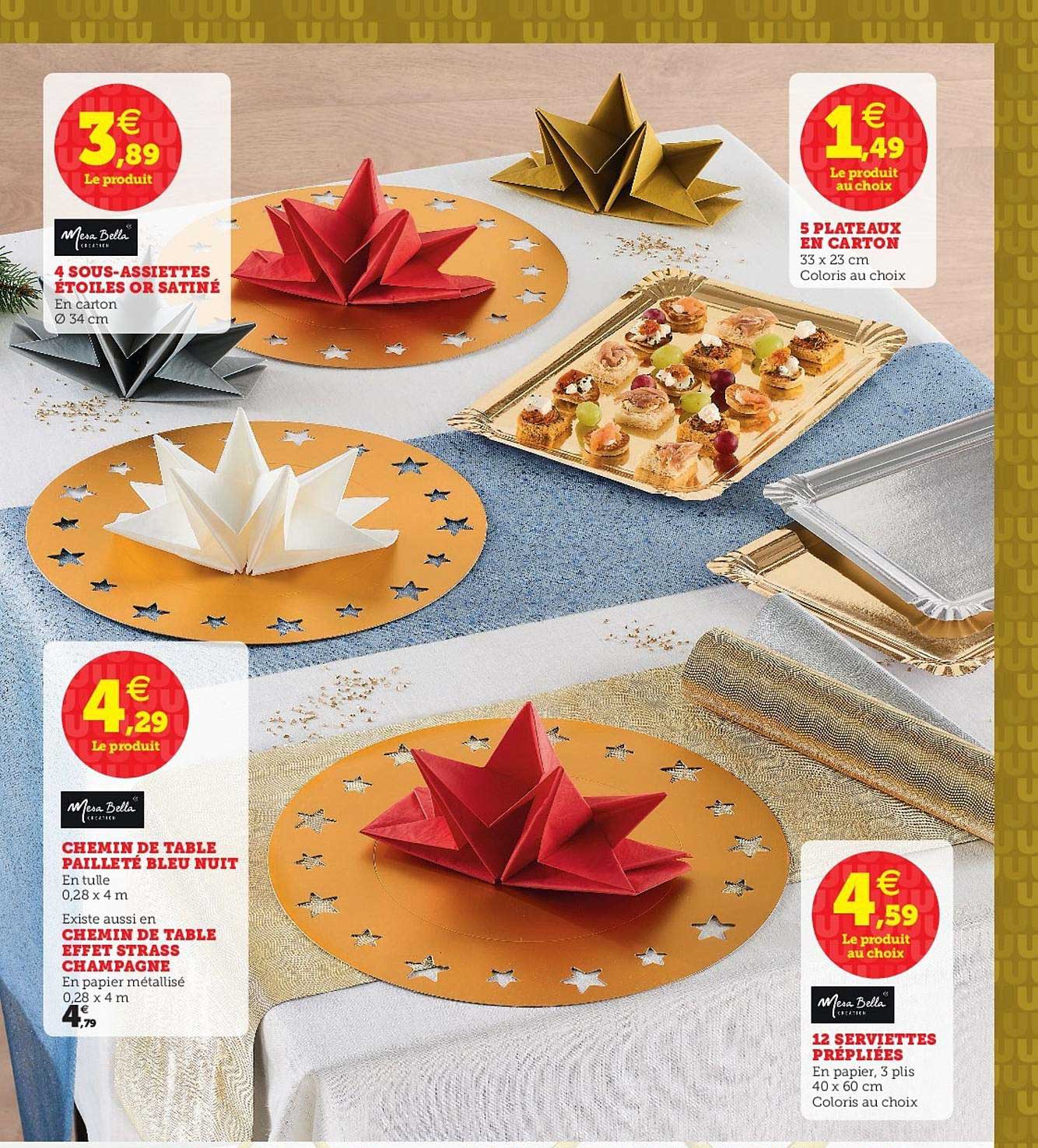 4 sous-assiettes étoiles ou satiné, chemin de table pailleté bleu nuit, chemin de table effet strass champagne, 6 plateaux en carton, 12 serviettes prépliées