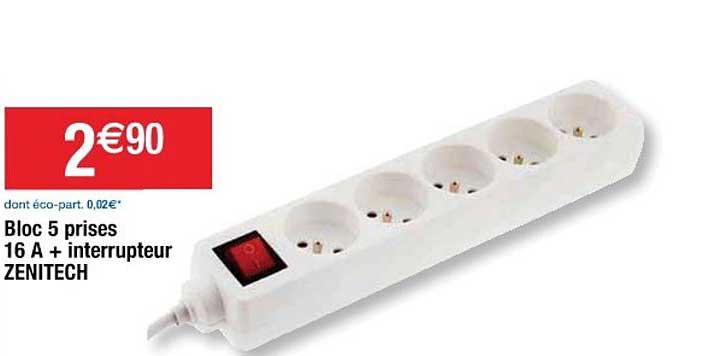 bloc 5 prises 16a + interrupteur zenitech