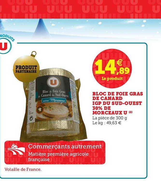 bloc de foie gras de canard igp du sud-ouest 30% de morceaux u