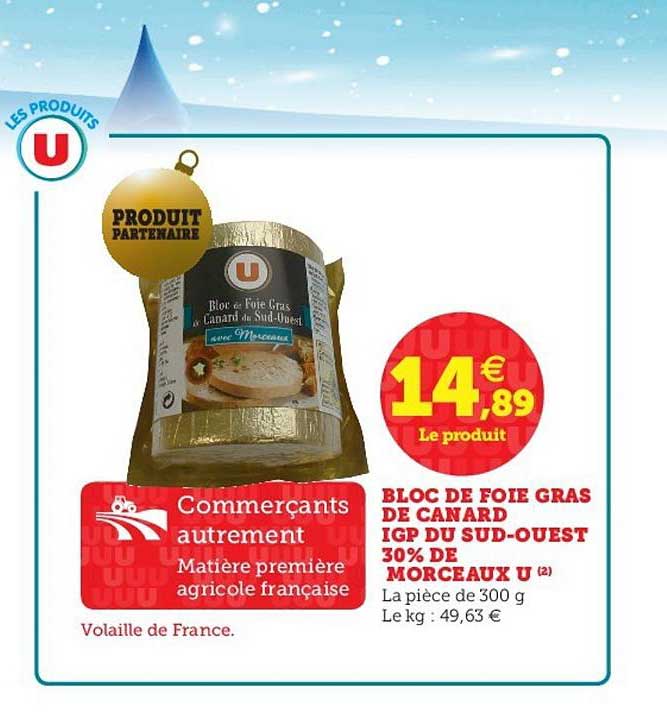 bloc de foie gras de canard igp du sud-ouest 30% de morceaux u