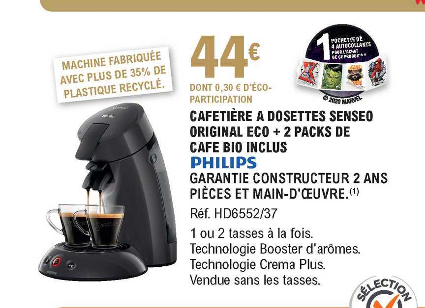 cafetière à dosettes senseo original eco + 2 packs de café bio inclus philips