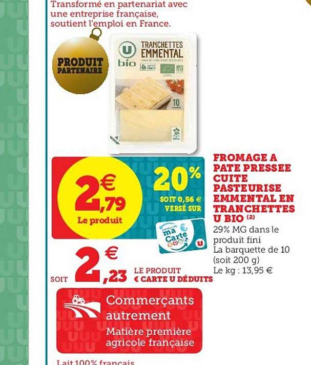 fromage à pâte pressée cuite pasteurisé emmental en tranchettes u bio