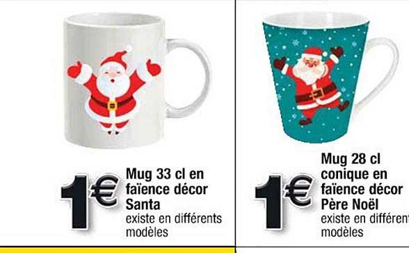 mug 33 cl en faïence décor santa, mug 28 cl conique en faïence décor père noël