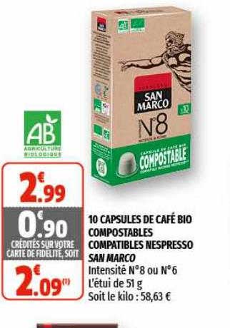 10 capsules de café bio compostables compatibles nespresso san marco