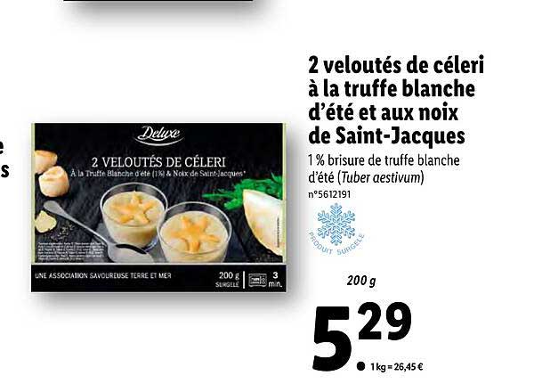 2 veloutés de céleri à la truffe blanche d'été et aux noix de saint-jacques deluxe
