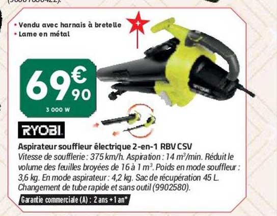 aspirateur souffleur électrique 2-en-1 rbv csv ryobi