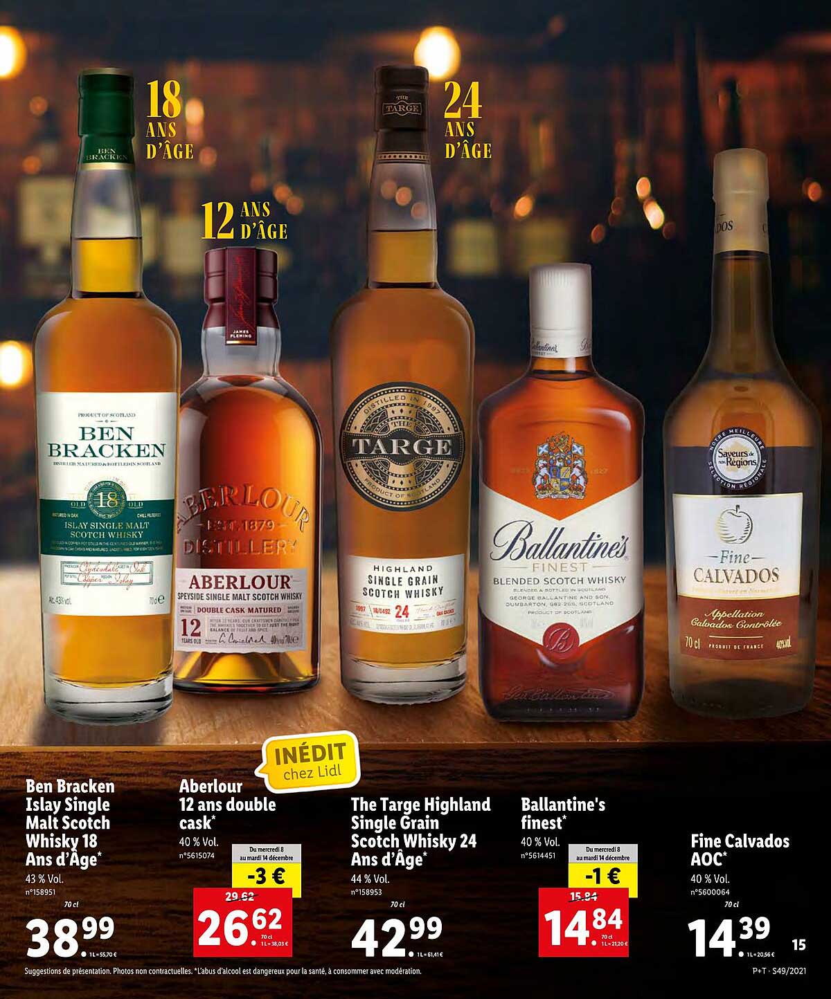 ben bracken islay single malt scotch whisky 18 ans d'âge, aberlour 12 ans double cask, the targe highland single grain scotch whisky 24 ans d'âge, ballantine's finest, fine calvados aoc