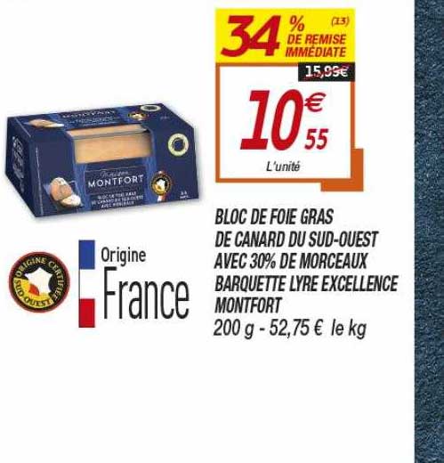 bloc de foie gras de canard du sud-ouest avec 30% de morceaux barquette lyre excellence montfort