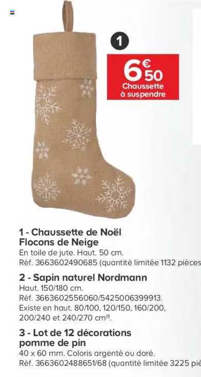 chaussette de noël flocons de neige, sapin naturel nordmann, lot de 12 décorations pomme de pin