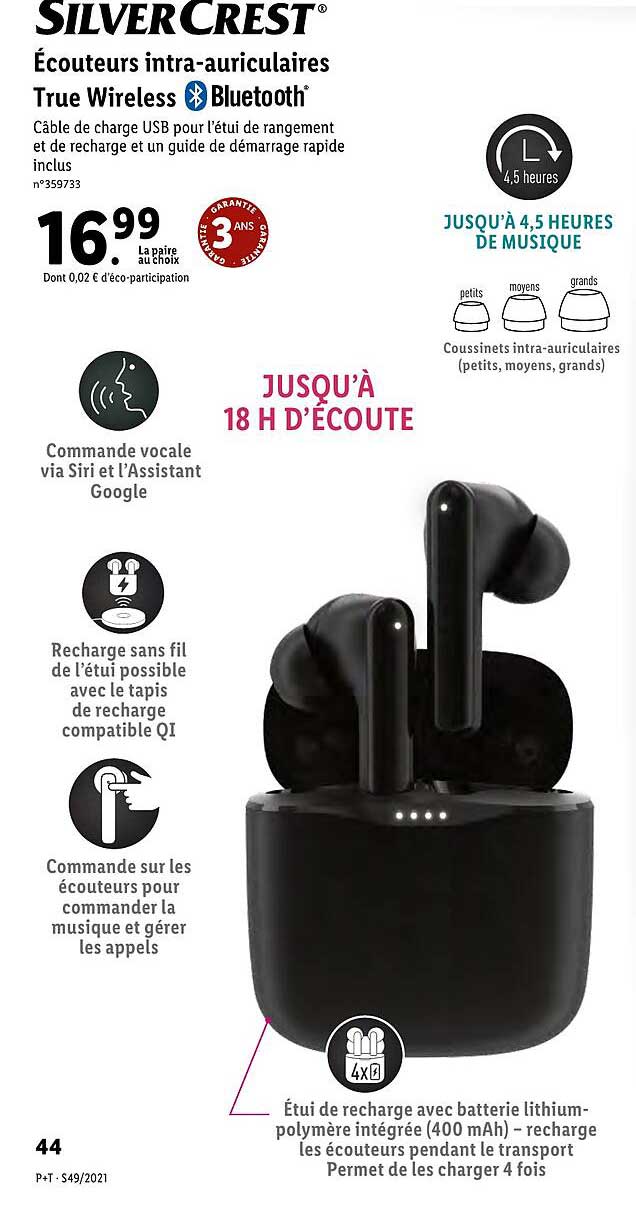écouteurs intra-auriculaires true wireless bluetooth silver crest