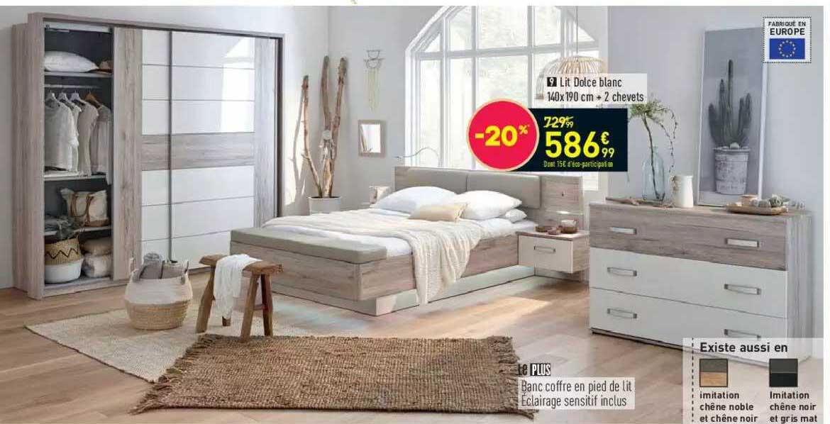 lit dolce blanc 140x190 cm + 2 chevets