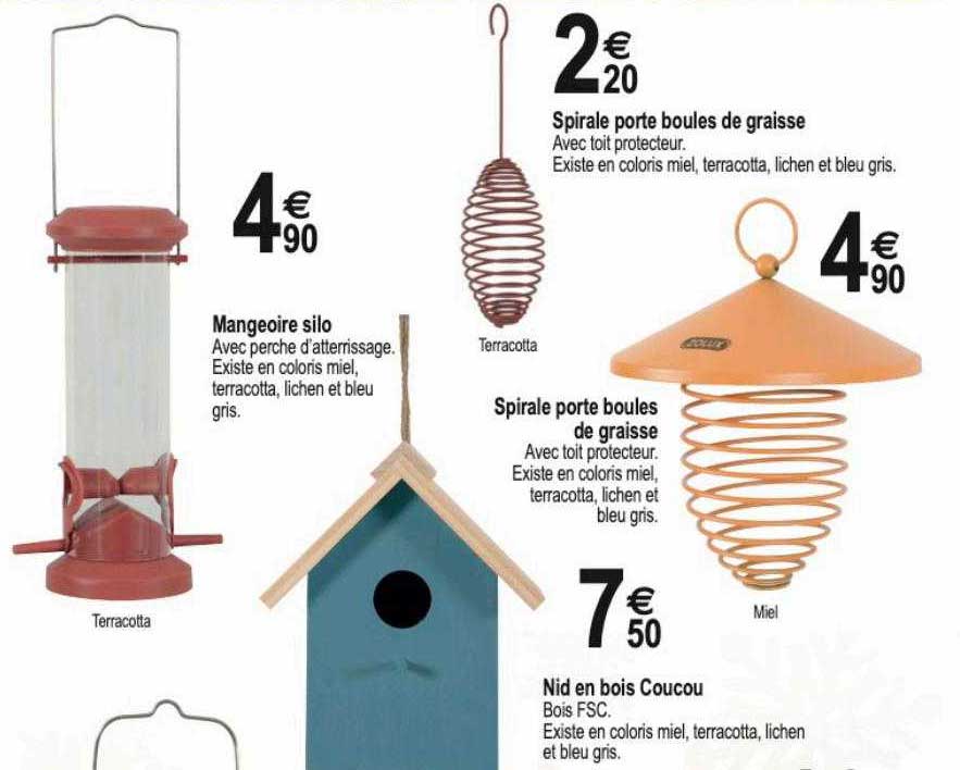 mangeoire silo, spirale porte boules de graisse, nid en bois coucou