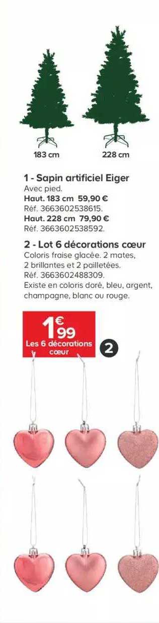 sapin artificiel eiger, lot 6 décorations cœur