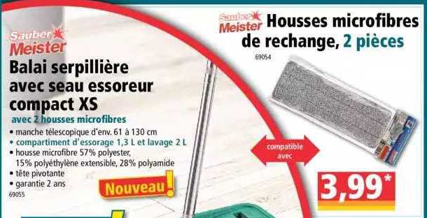 sauber meister balai serpillière avec seau essoreur compact XS ou housses microfibres de rechanges, 2 pièces