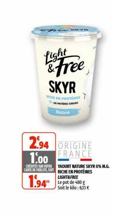 yaourt nature skyr 0% m.g. riche en protéines light&free