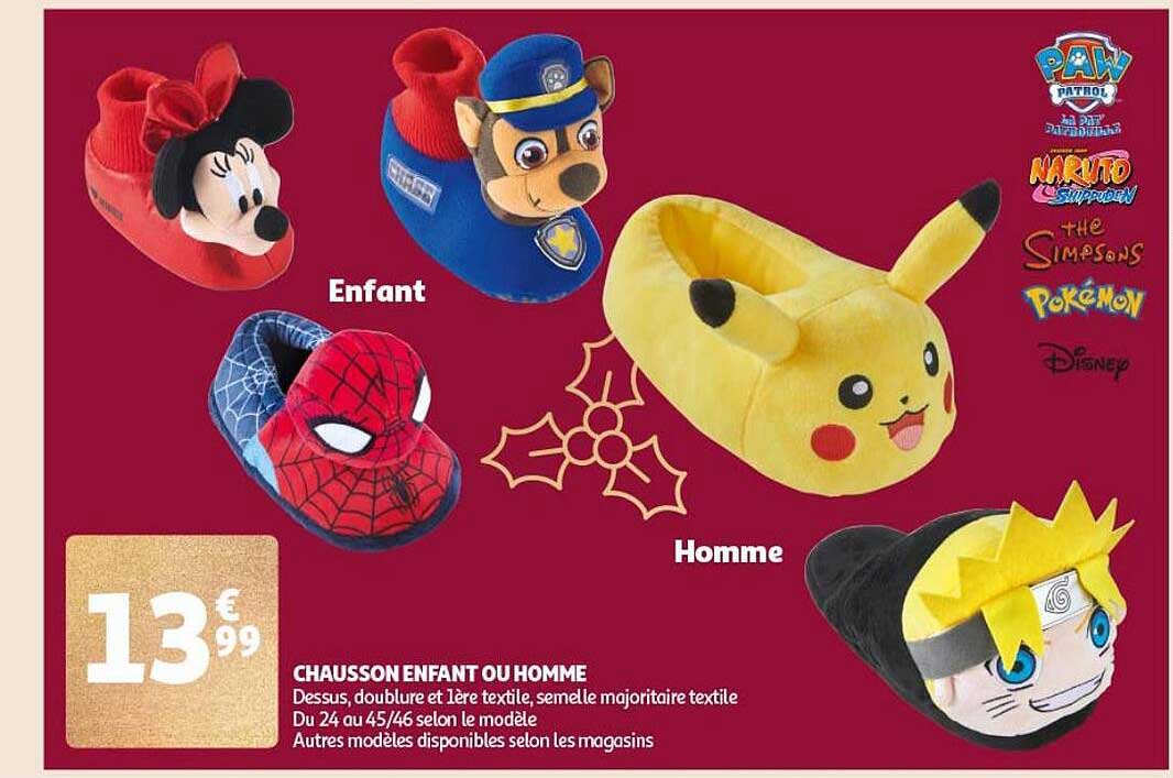 chausson enfant ou homme paw patrol, naruto, the simpsons, pokémon, disney