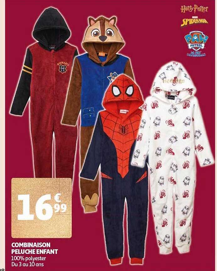 combinaison peluche enfant harry potter, spider-man, paw patrol