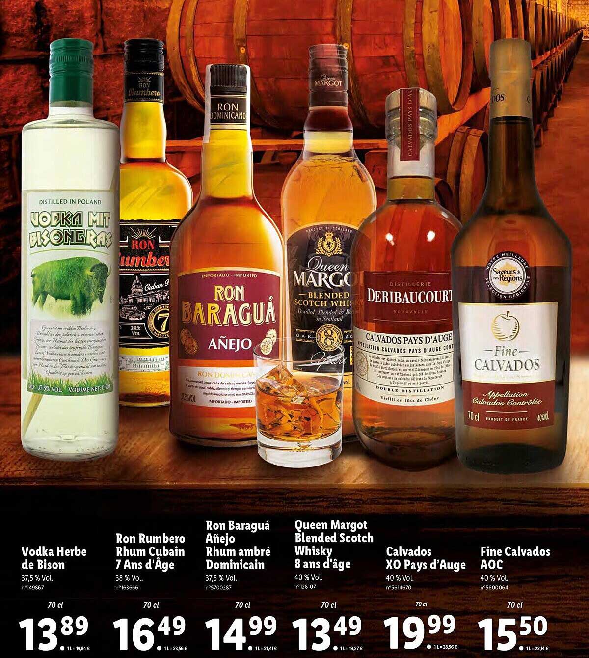 vodka herbe de bison, ron rumbero rhum cubain 7 ans d'âge, ron baraguá añejo rhum ambré dominicain, queen margot blended scotch whisky 8 ans d'âge, calvados xo pays d'auge, fine calvados aoc