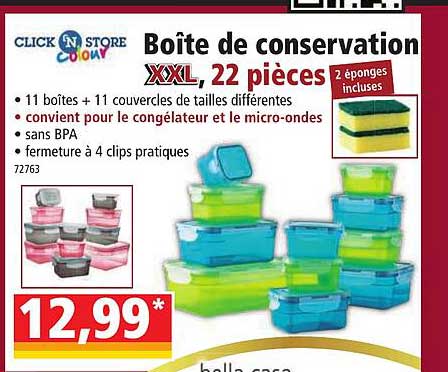 boîte de conservation xxl, 22 pièces click 'n store colour