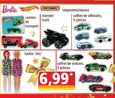 camion de transport hot wheels, monster truck, coffret de véhicules, 5 pièces, barbie 'chic', coffret de voitures 5 pièces