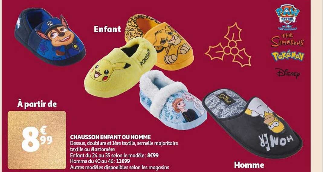 chausson enfant ou homme paw patrol, the simpsons, pokémon, disney
