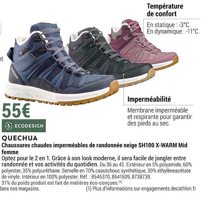 chaussures chaudes imperméables de randonnée neige sh100 x-warm mid femme quechua