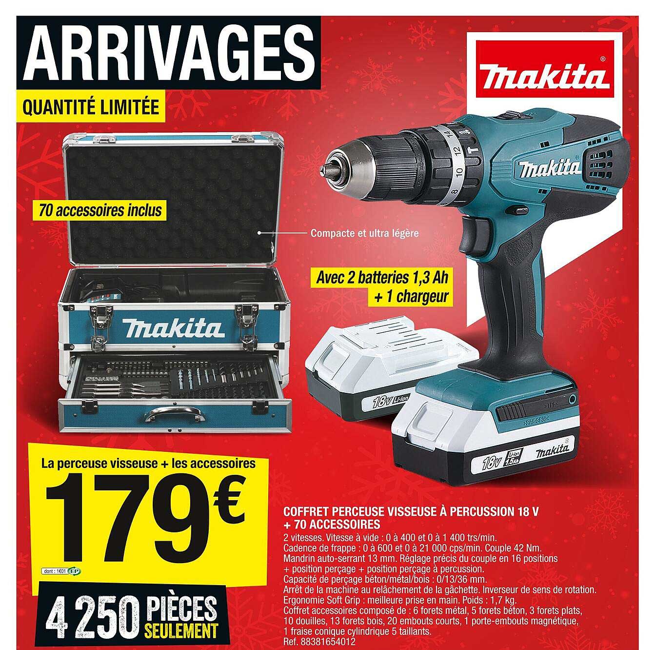 Coffret Perceuse Visseuse à Percussion 18v + 70 Accessoires Makita