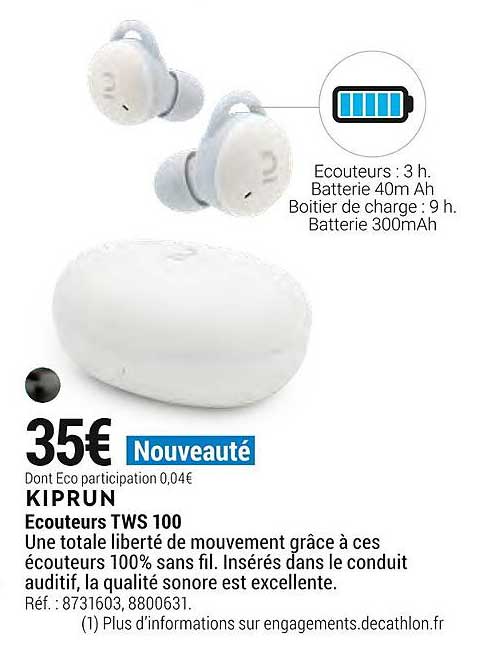 écouteurs tws 100 kiprun