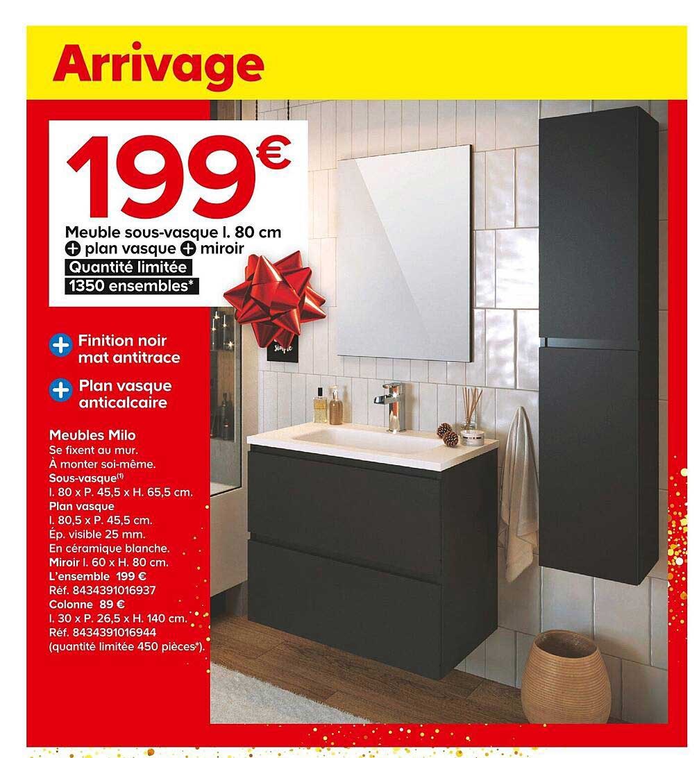 meuble sous-vasque l.80 cm + plan vasque + miroir mila