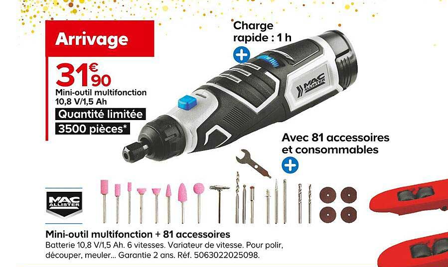 mini-outil multifonction 10,8v-1,5 ah + 81 accessoires mac allister