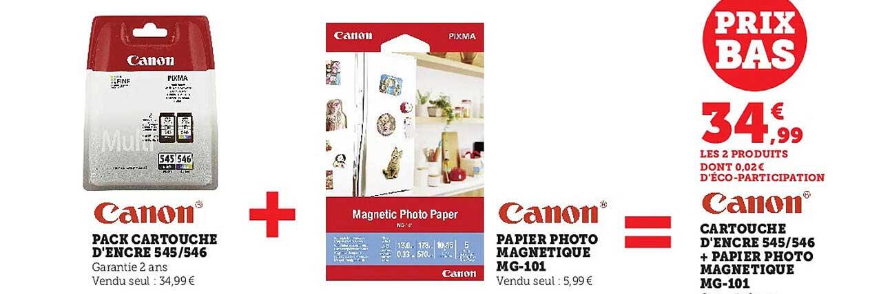 pack cartouche d'encre 545-546 canon + papier photo magnétique mg-101 canon