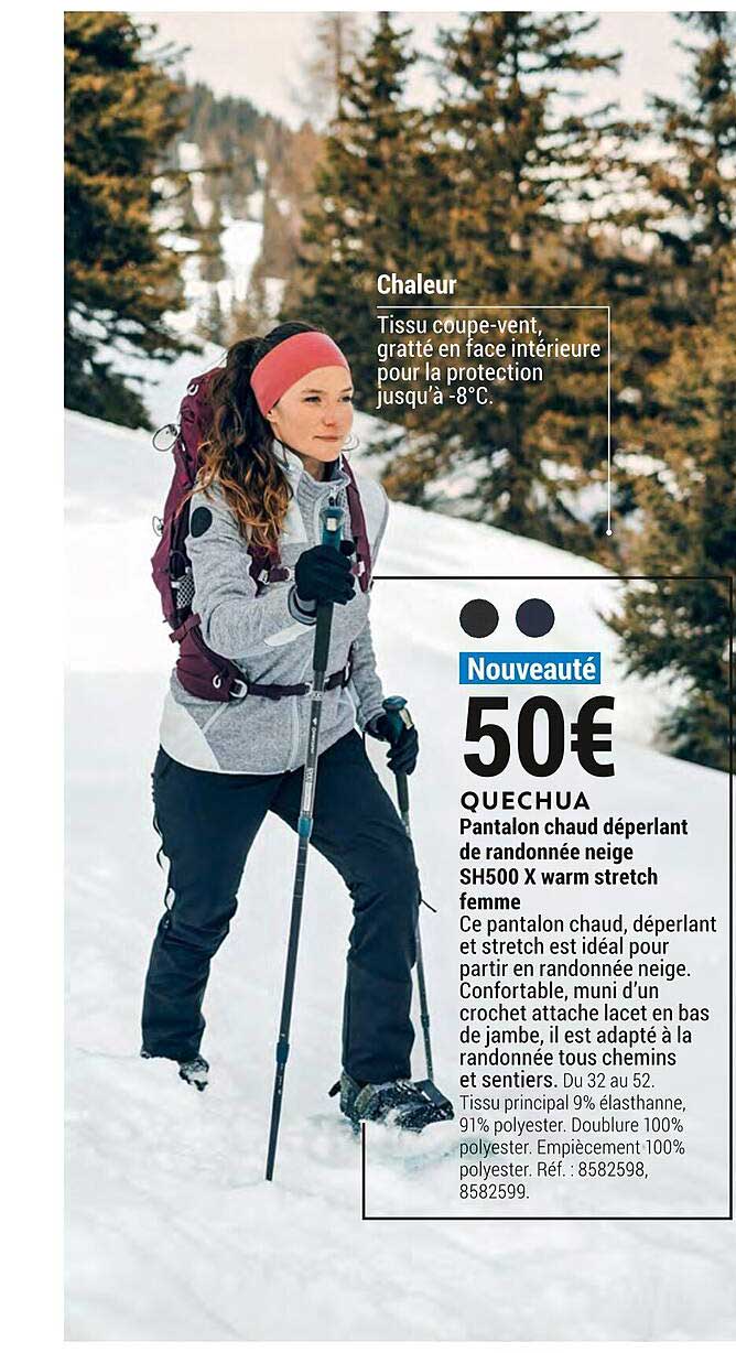 pantalon chaud déperlant de randonnée neige sh500 x-warm stretch femme quechua