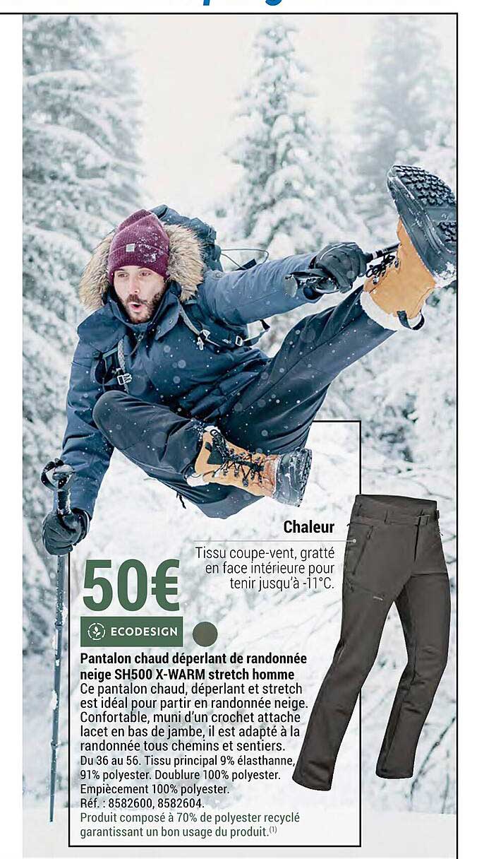 pantalon chaud déperlant de randonnée neige sh500 x-warm stretch homme