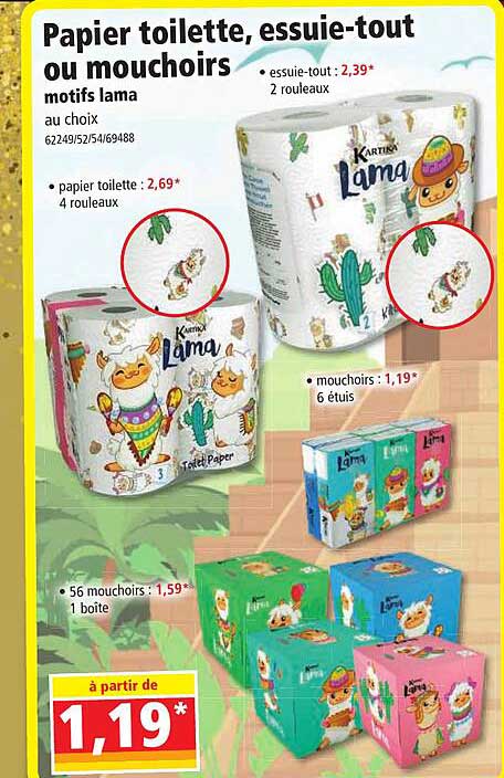 papier toilette, essuie-tout ou mouchoirs motifs lama