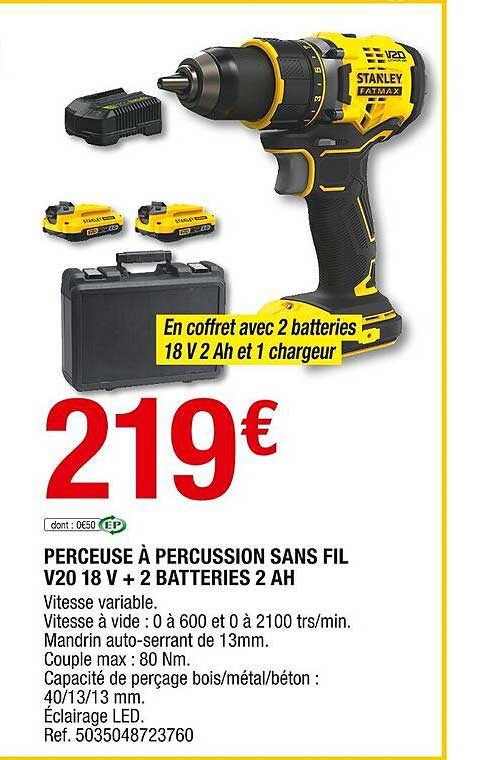 Perceuse à Percussion Sans Fil V20 18v + 2 Batteries 2 Ah Stanley Fatmax
