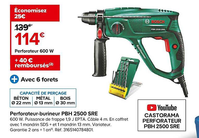 perforateur burineur pbh 2500 sre 600 w bosch
