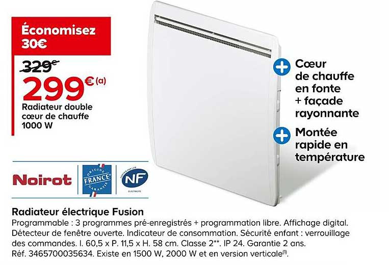 radiateur double cœur de chauffe électrique fusion 1000 w noirot