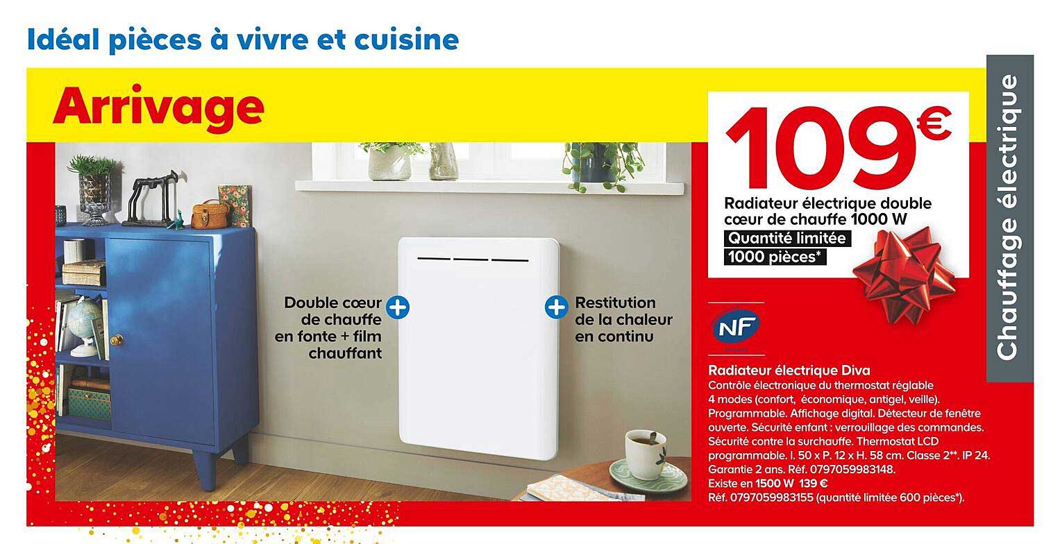 radiateur électrique double cœur de chauffe 1000 w diva