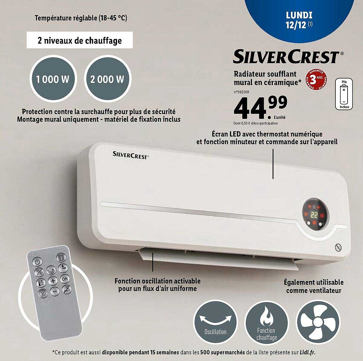 radiateur soufflant mural en céramique silver crest