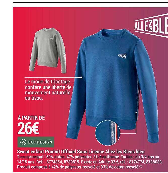 sweat enfant produit officiel sous licence allez les bleus bleu ecodesign