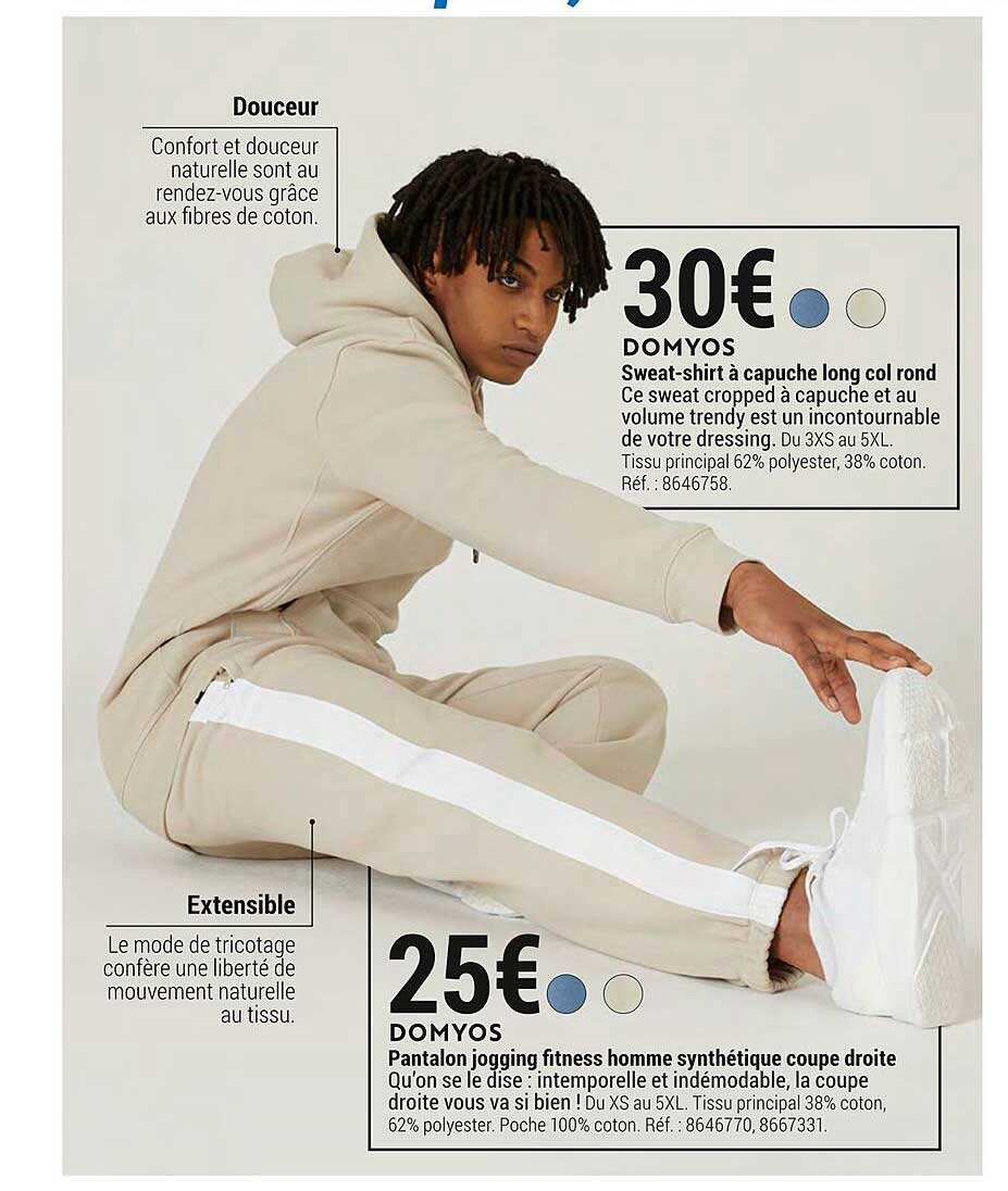 sweat-shirt à capuche long col rond domyos, pantalon jogging fitness homme synthétique coupe droite domyos