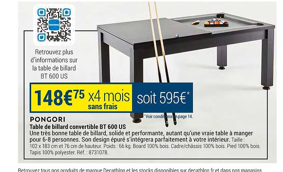 table de billard convertible bt 600 us pongori